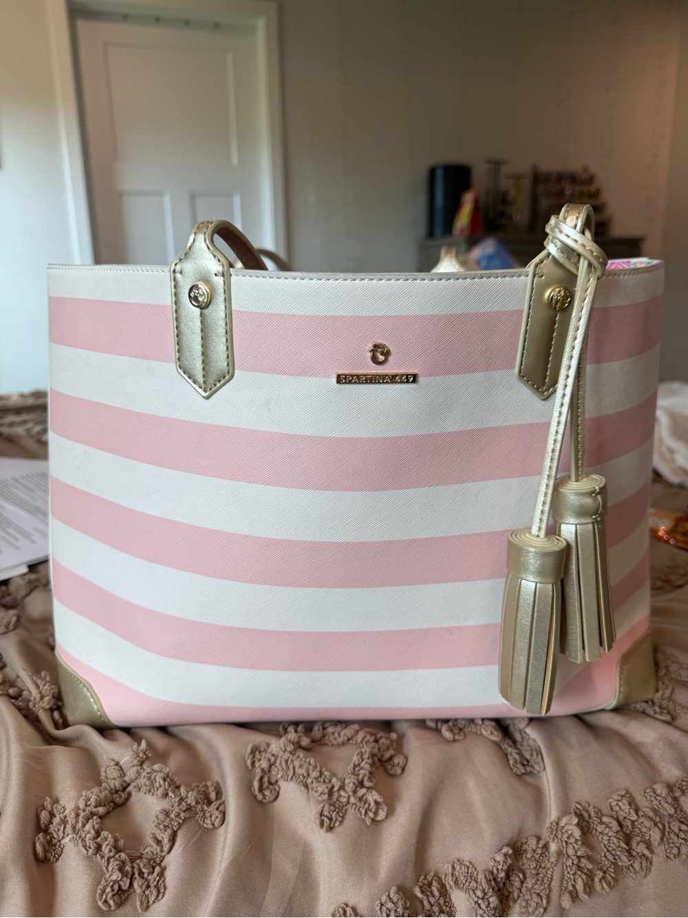 Spartina 449 Pink and White Striped Tote with Gold Tassels
